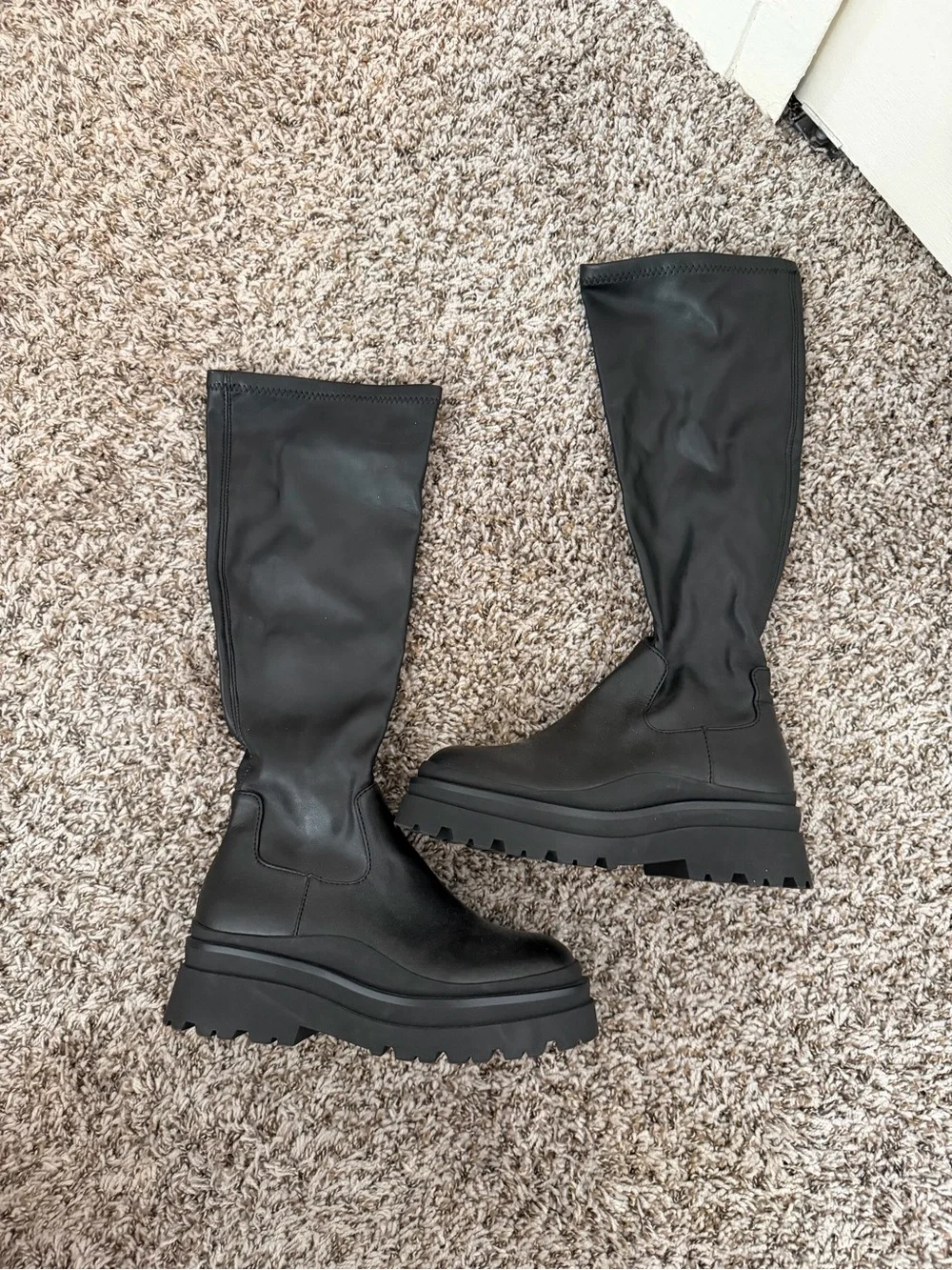 Platform Lug-Sole Knee Boot - Black